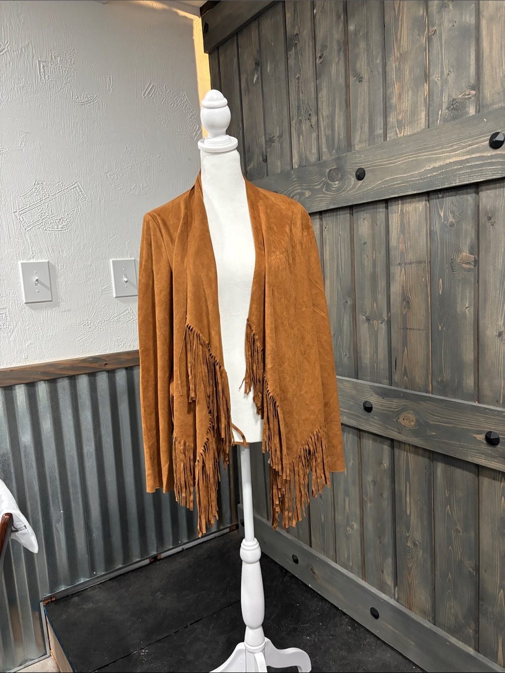 Blu Pepper Suede Fringe Open-Front Jacket in Cognac Brown